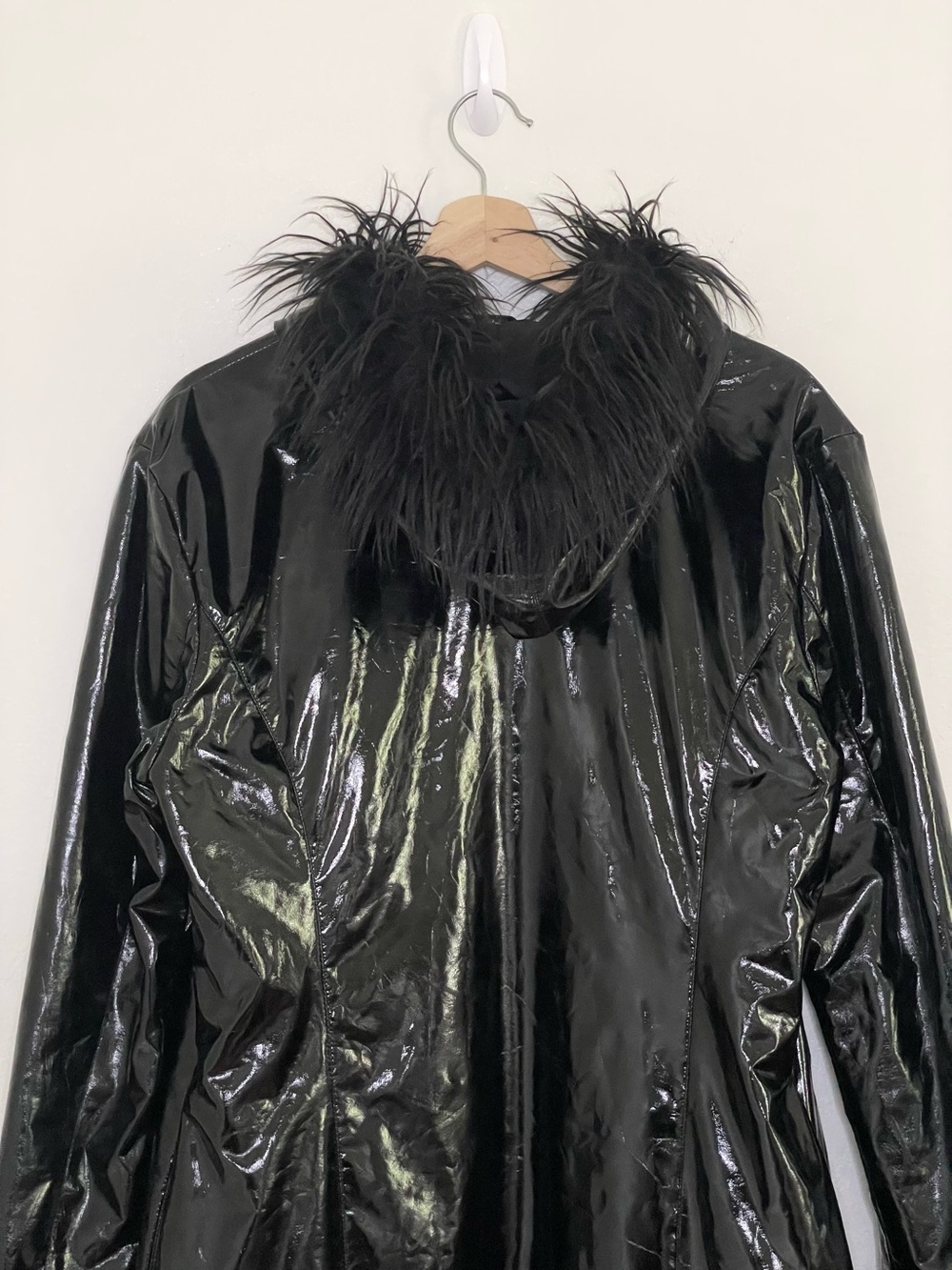 UNIF Imp Coat Glossy Vinyl Faux Fur Trim Hooded Jacket Black Medium Whimsigoth - Picture 8 of 16